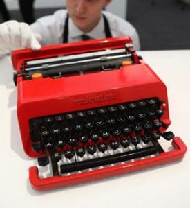 A design classic, Bowie's lipstick red "Valentine" typewriter by Ettore Sottsass, est. at £300-500, just sold for £47,500