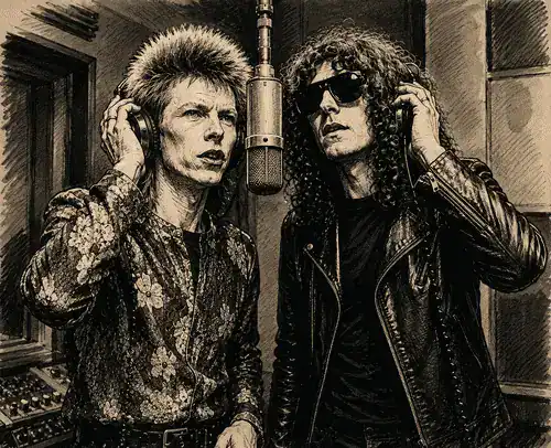 AI-generated artistic interpretation depicting David Bowie and Ian Hunter during the early 1970s.