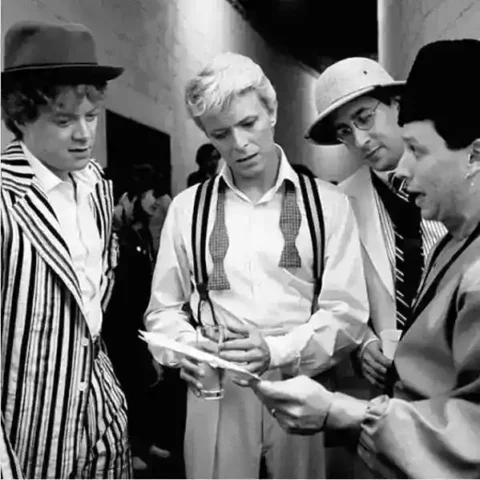 Frank Simms, David Bowie, Stan Harrison and Steve Elson during the Serious Moonlight Tour, 1983. Photo courtesy of Frank and George Simms.