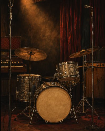 A 1960s drum kit on a small London club stage, representing John Eager's role as drummer with David Bowie and The Buzz
